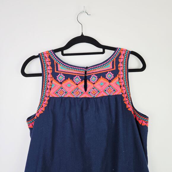 C&C California Sleeveless Dress Large Navy Embroidered Boho Cotton Lined Pockets - Picture 6 of 11